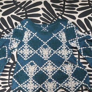 BOHO Embroidered Teal and Cream Top